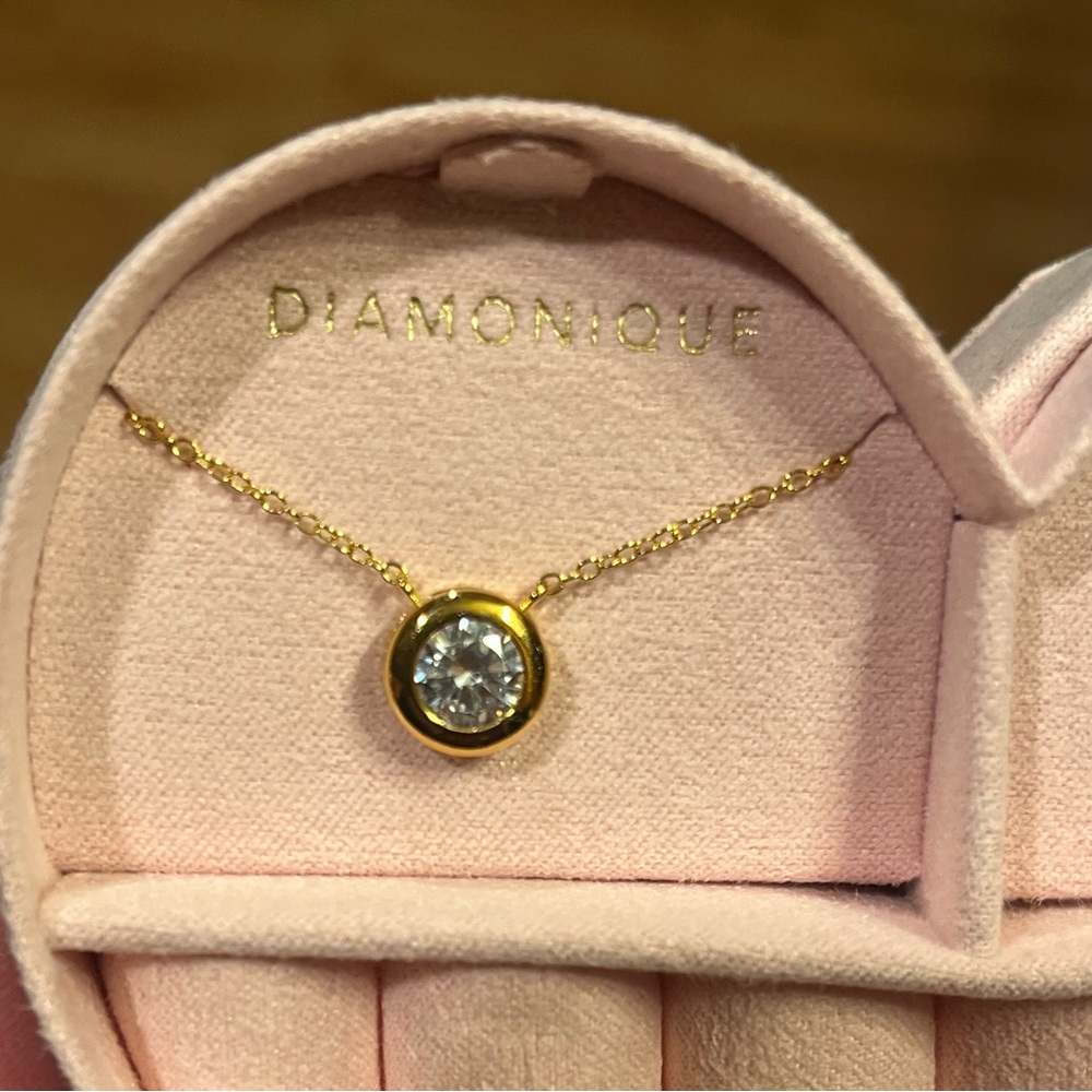 Diamonique Sterling Silver-14K Gold Over Bezel Necklace & Stud Earrings Set NIB - Picture 2 of 15